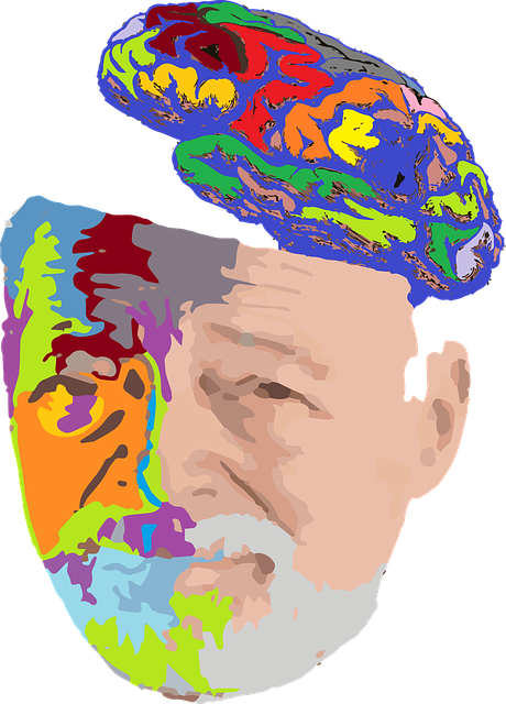 artistic, colorful drawing of an elderly man's head. The head pops open to reveal a colorful brain.